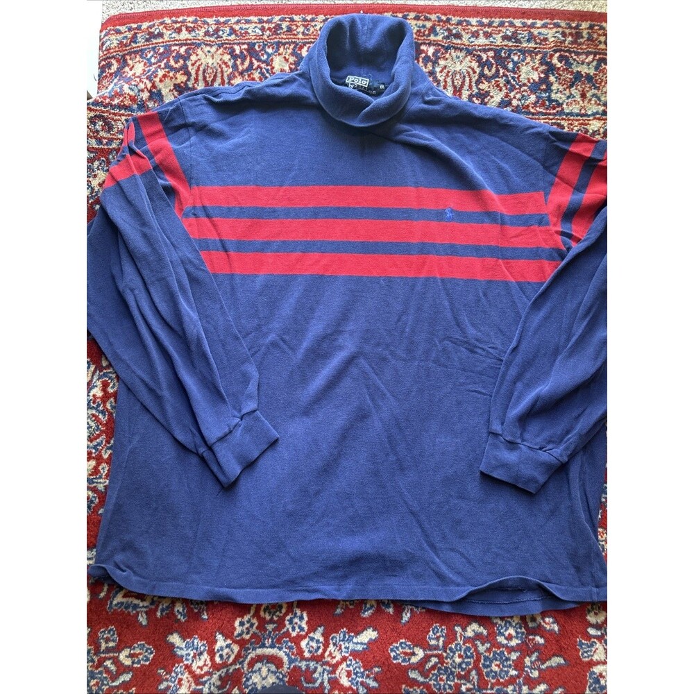 Vintage 80s 90s Polo Ralph Lauren Striped Pullover Turtleneck Red Blue Size XXL